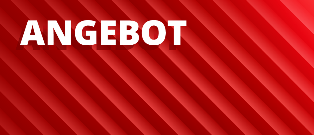 Rotes Banner mit diagonalen Streifen und dem weißen Schriftzug „ANGEBOT“.