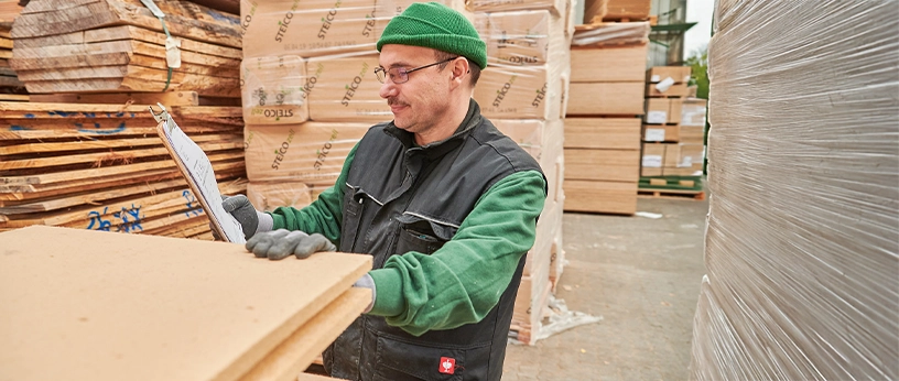 Mitarbeiter kontrolliert Holzfaserdämmplatten im Lager – natürliche Dämmstoffe für nachhaltiges Bauen.