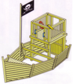 Abbildung eines Spielgeräts aus Holz in Form eines Piratenschiffes